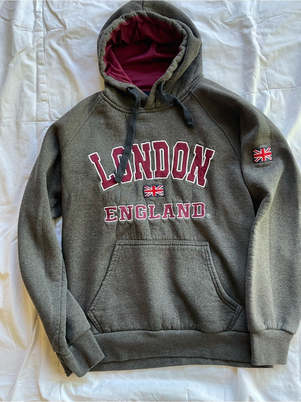 London England Grey Hoodie with Burgundy Lining Size Small